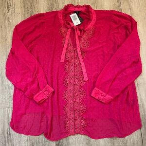NWT Torrid Gauze Clip Dot Ruffle Neck Front Blouse Pink Peacock Sz 1, 1X - 14/16